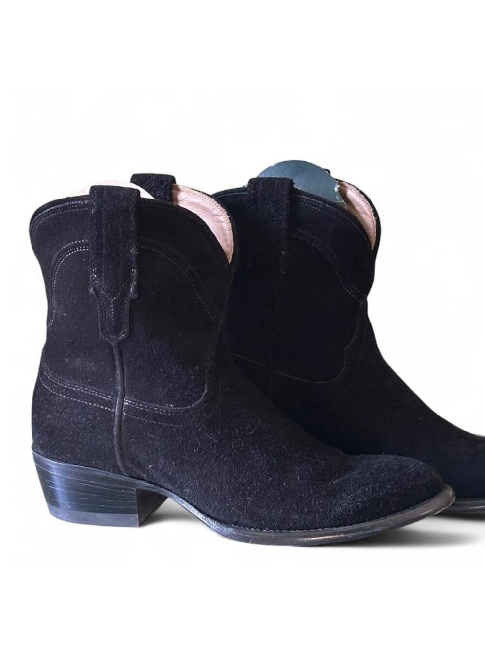 Tecovas brand short black suede cowboy boots